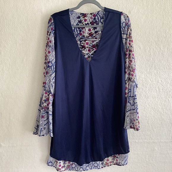 Y2K Speechless Red Blue White Paisley Print Bell Sleeve Boho Lined Mini Dress L - Picture 7 of 7